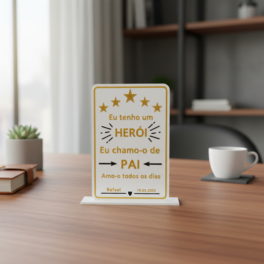 Imagem lifestyle da placa "Eu tenho um Herói"