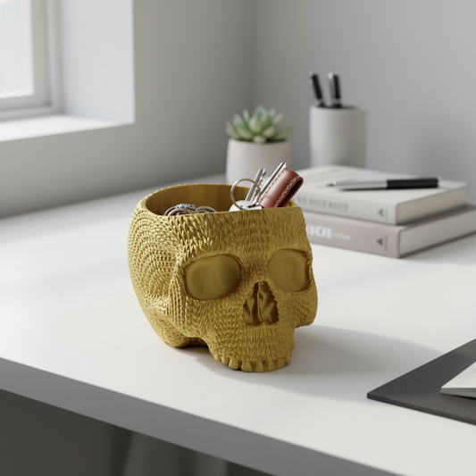 Imagem lifestyle do porta-objetos caveira dourada