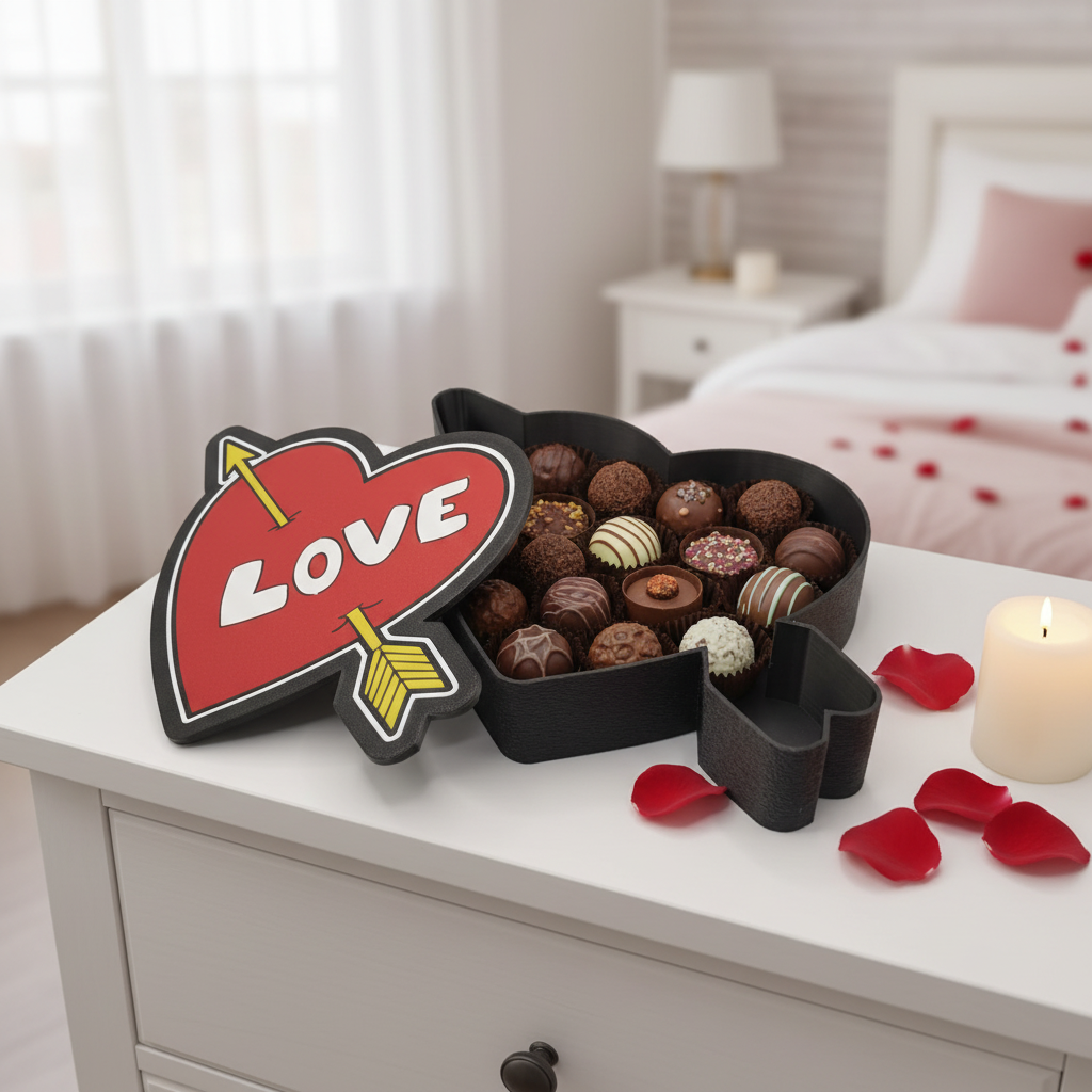 Imagem lifestyle da caixa coração "LOVE" aberta com bombons