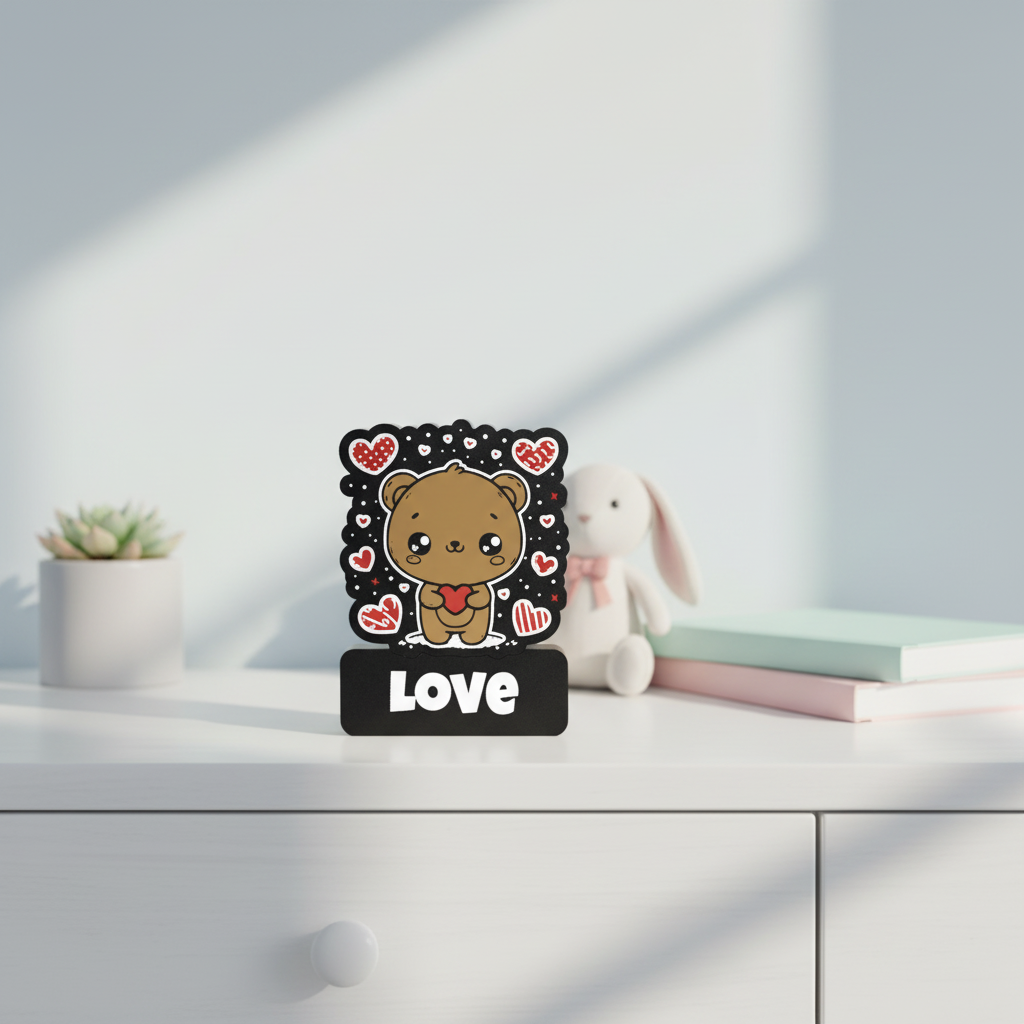 Imagem lifestyle da peça decorativa "Love" com ursinho