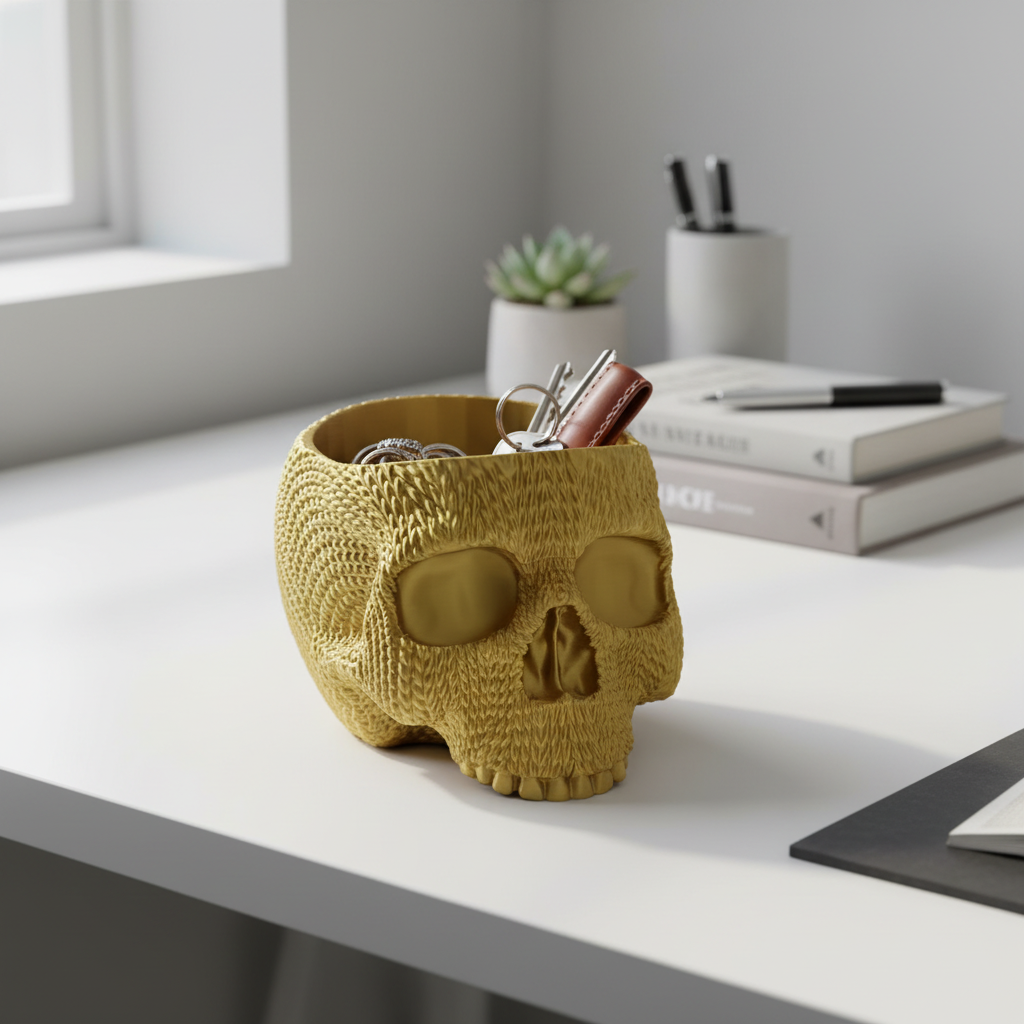 Imagem lifestyle do porta-objetos caveira dourada
