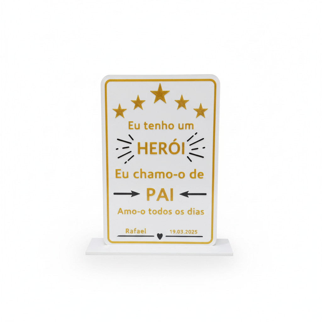 Packshot profissional da placa "Eu tenho um Herói"